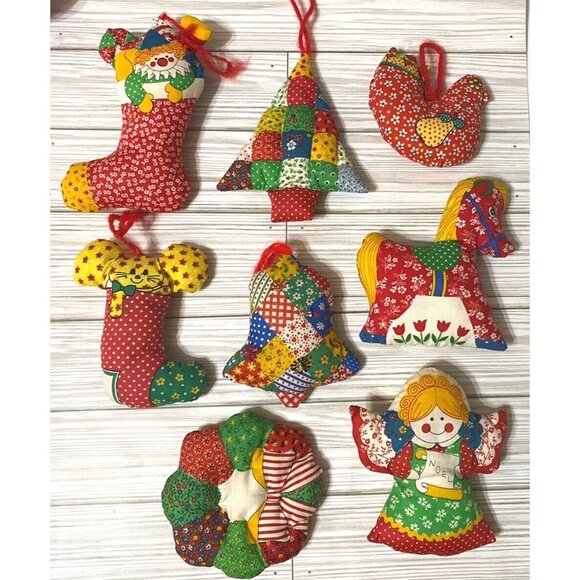 Handmade Other - Vintage 1970s Christmas Ornaments Cut & Sew Calico Stuffed Fabric Plush Lot Of 8